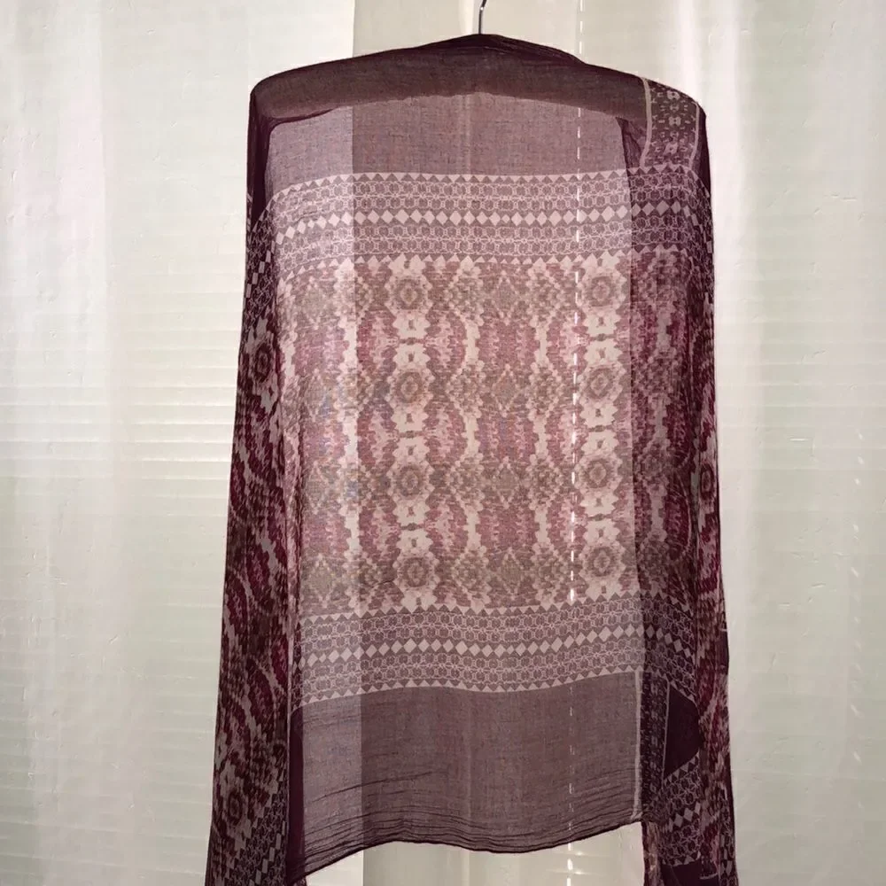 Python Print Burgundy White Brown Scarf Wrap with Raw Fringe Hem